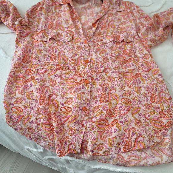 ​Zara Paisley Print Button-Down Blouse Pink & Orange Boho Shirt  M 100% Viscose - Picture 5 of 10